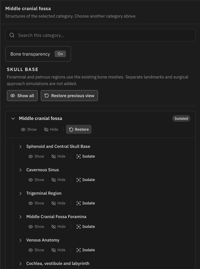 Actual right-hand menu showing Middle cranial fossa, expandable Skull Base subdivisions, and Show, Hide and Isolate controls